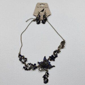 The Wired Bird Bronze Tone Blue Rhinestone Butterfly Charm Necklace/Earrings Set